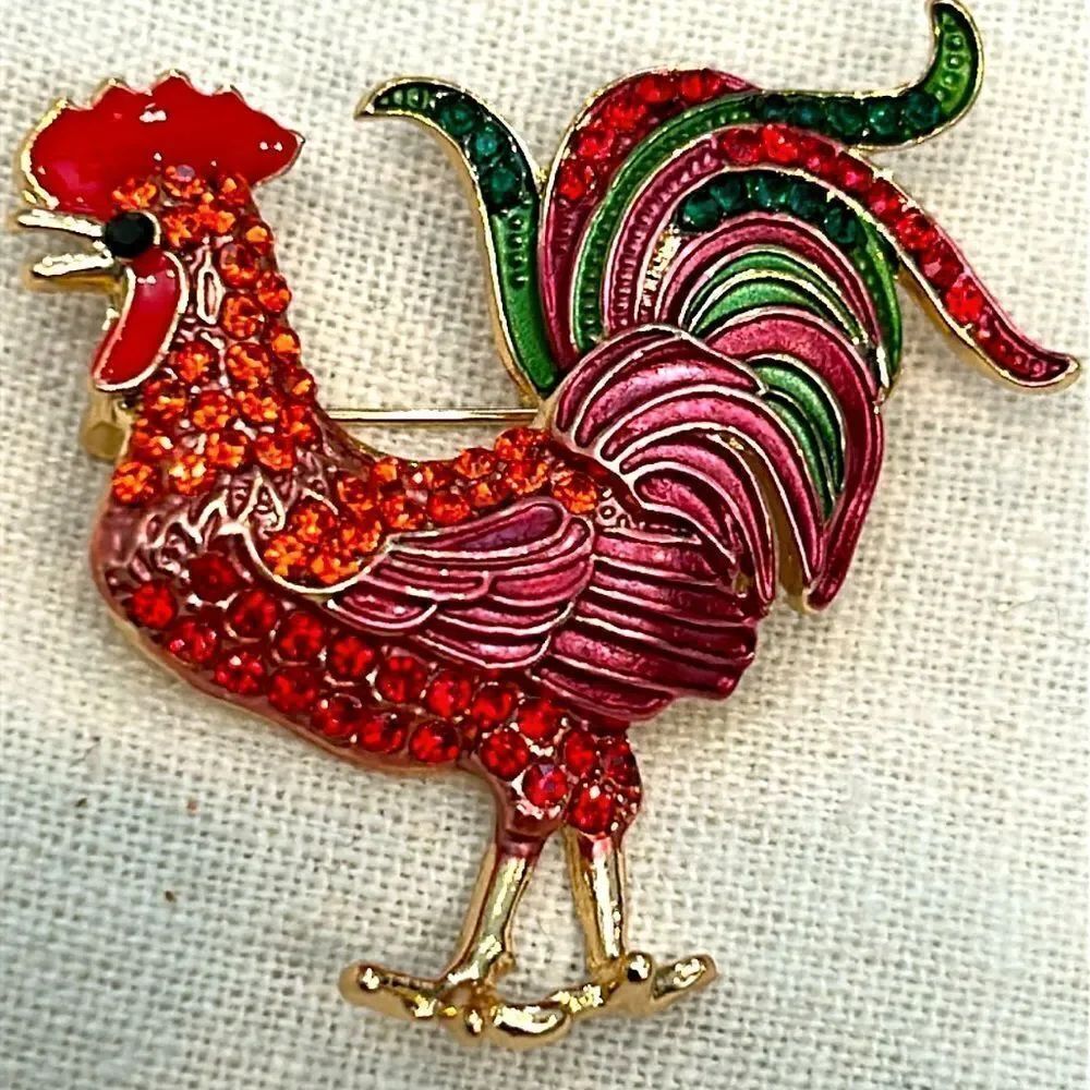 Colorful enamel and crystal Rooster Brooch